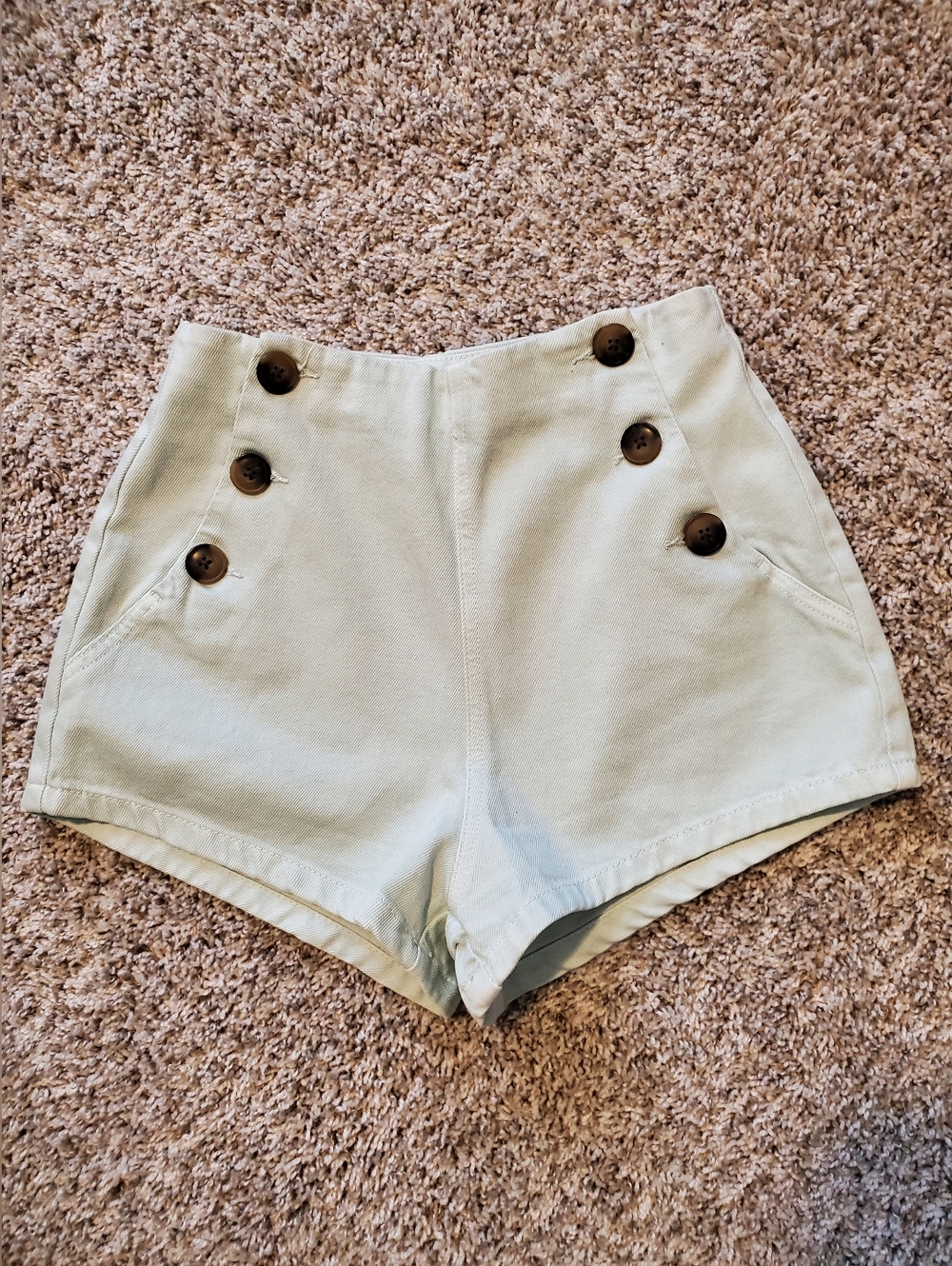 Zara women's high-waisted denim shorts, featuring a light Blue Sage wash.